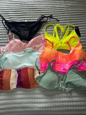 Mixed Women's Swim Tops and Bikini Bottoms - Neon, Pink, Mint, Black, Stripe